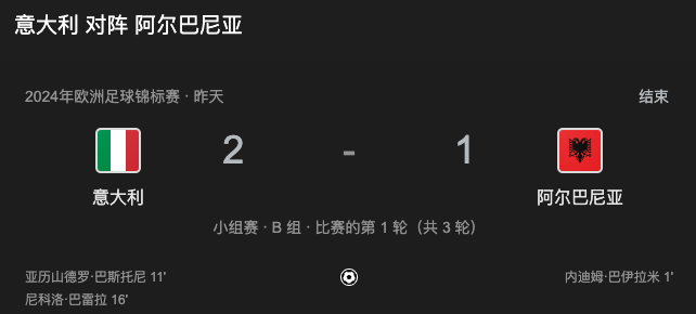 意大利对阵阿尔巴尼亚以2:1战胜！